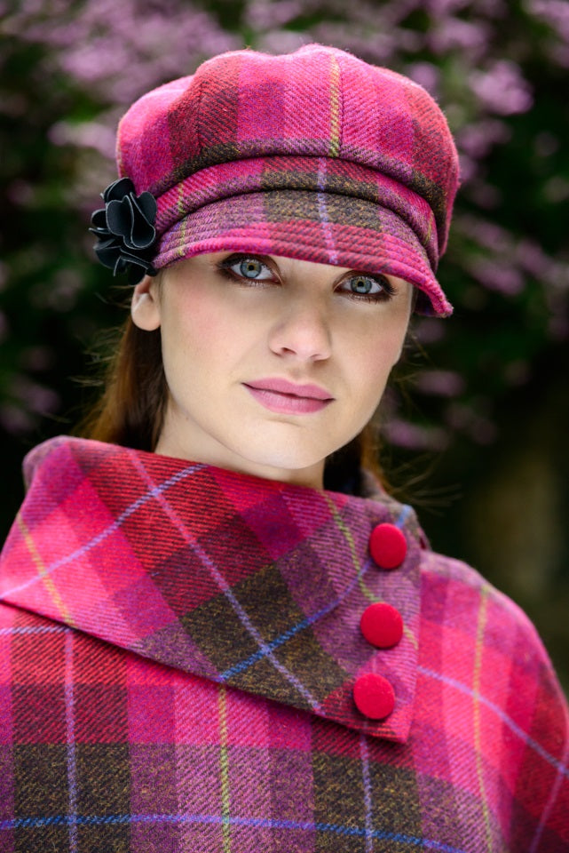 Ladies Tweed Newsboy Hat - Pink Plaid - Made in Ireland