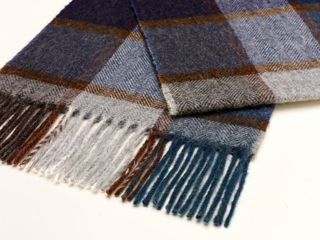 Pateley Blue Check Scarf, Merino Lambswool, Made in England