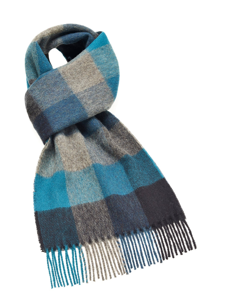 Bamburgh Turquoise Check Scarf, Merino Lambswool, Made in England