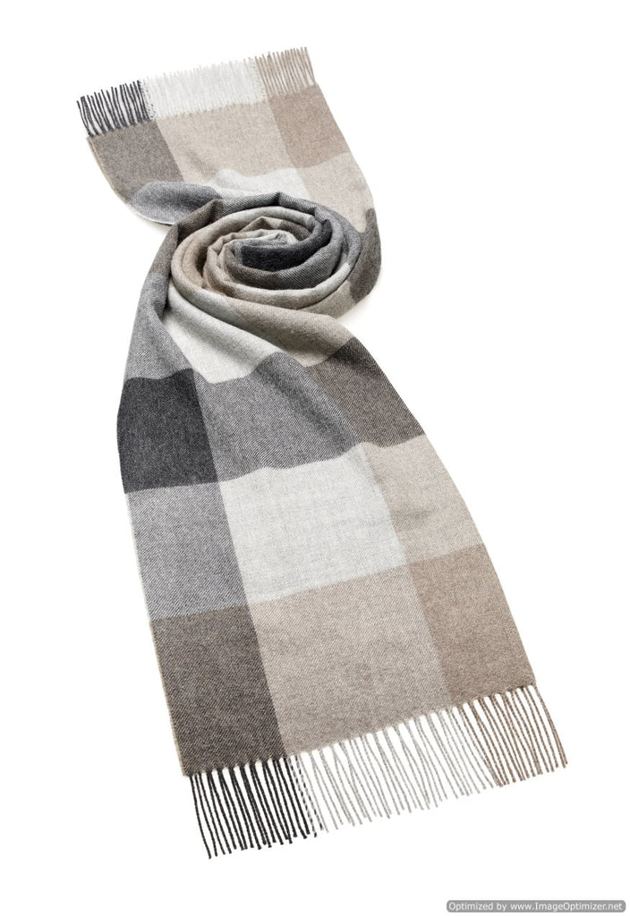 gray and beige check blanket scarf shawl in alpaca, bronte moon