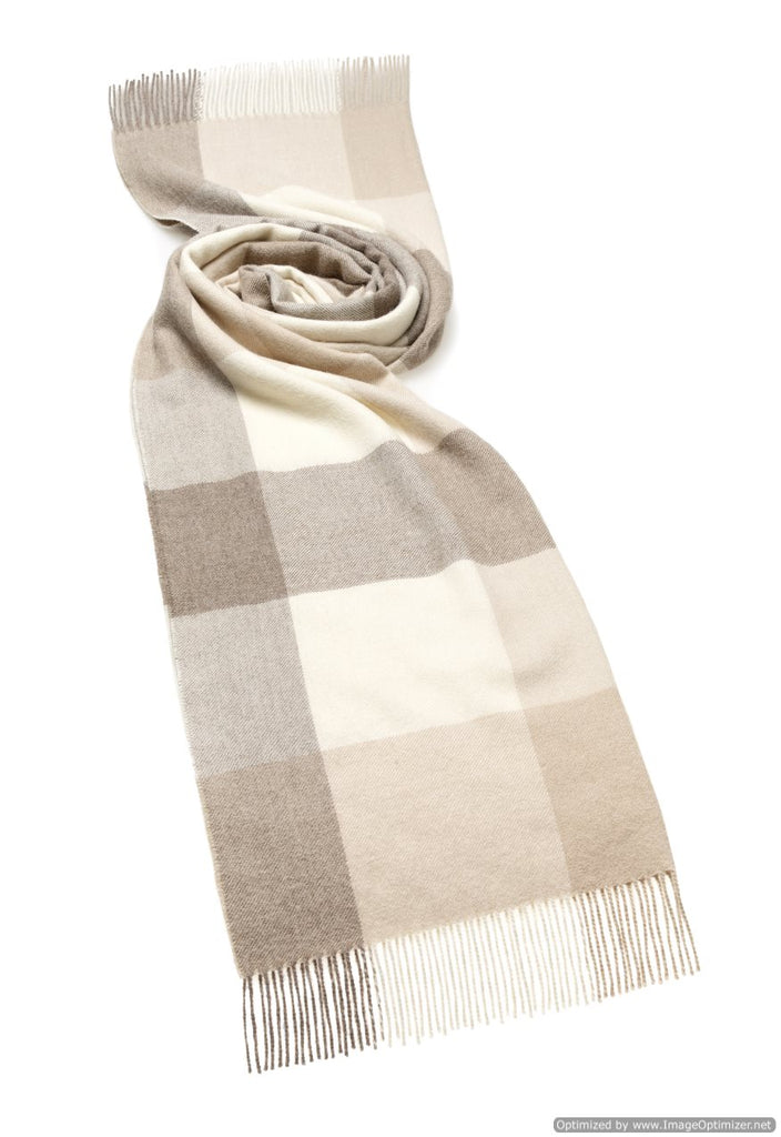 camel and off white check wrap or shawl made from alpaca