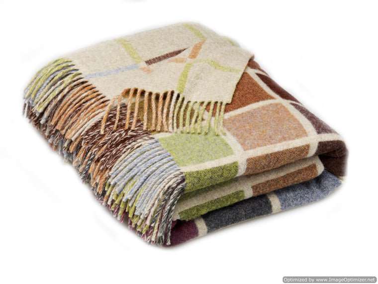 Multiblock Geometric -  Beige Multi - Merino Lambswool Throws - Made in UK