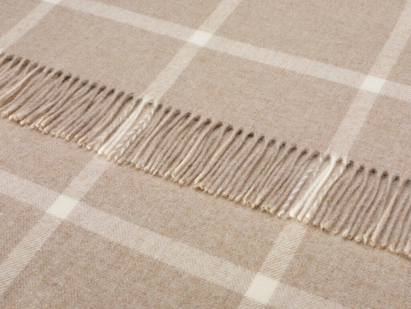 Merino Lambswool Windowpane Beige Throw Blanket