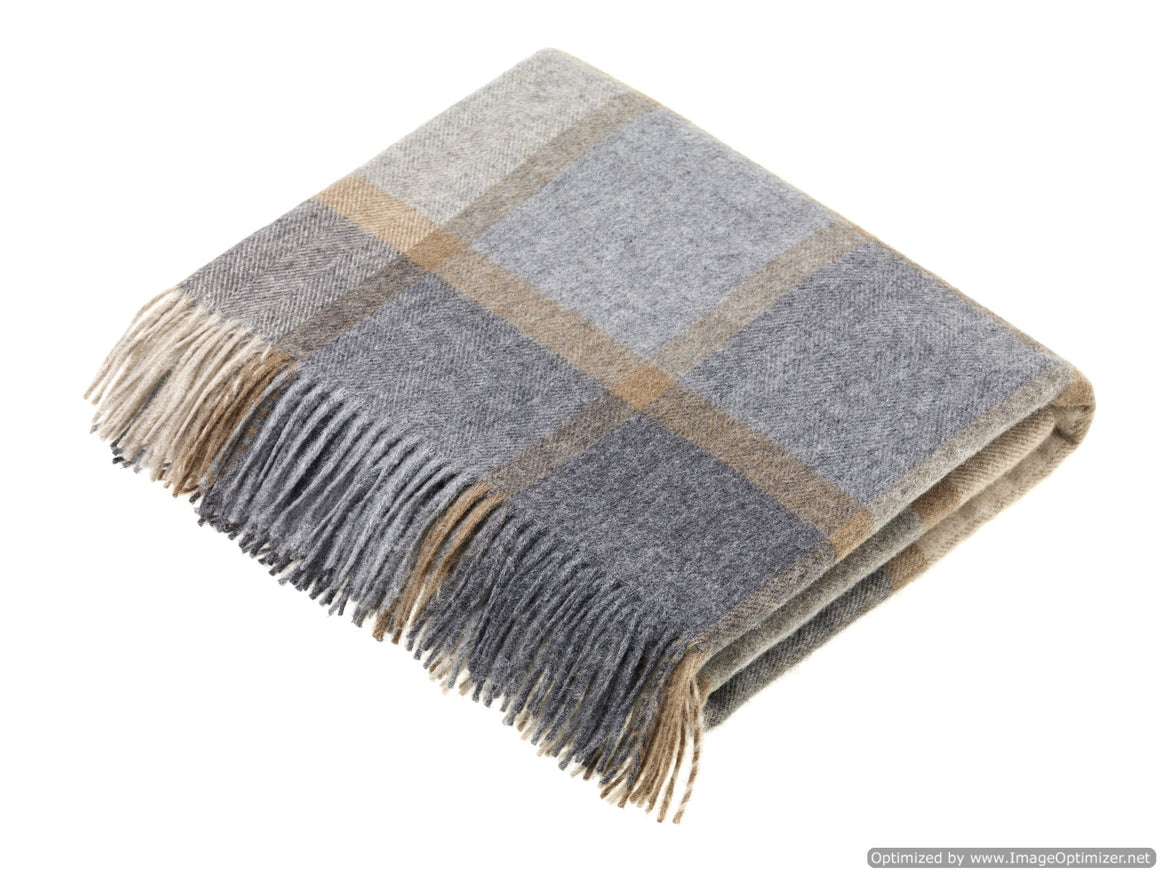 Merino Lambswool Throw Blanket - Block Windowpane - Beige / Gray