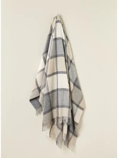 Merino Lambswool Throw Blanket - Block Windowpane - White / Gray