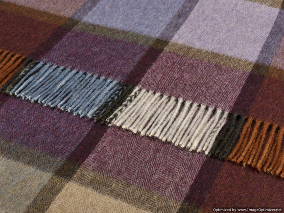 Merino Lambswool Throw Blanket - Pateley Damson Check, Made in England