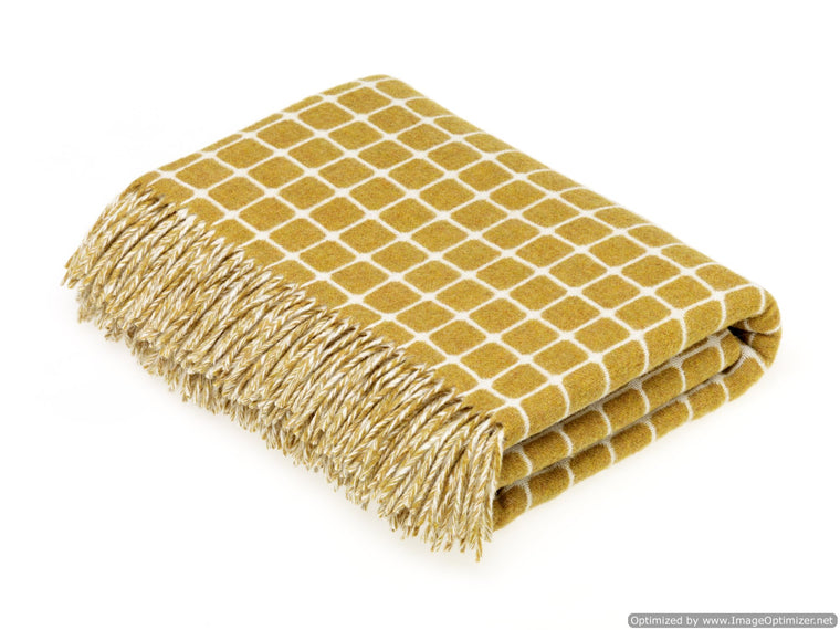 Merino Lambswool Throw Blanket - Athens Check - Gold - Made in England