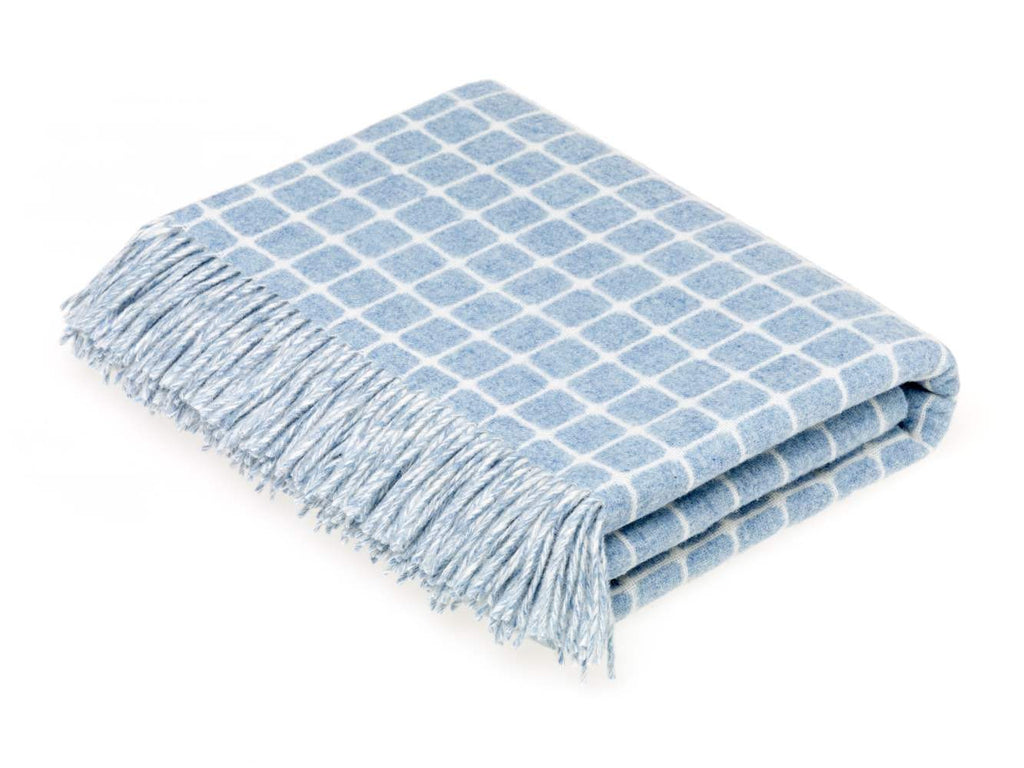 blue and white check blanket made of merino lambswool, bronte moon