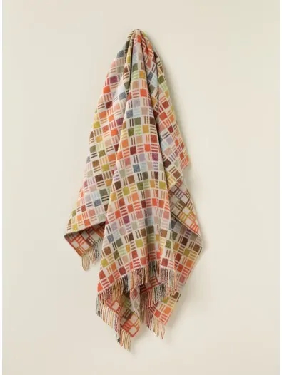 Merino Lambswool Throw Blanket - Ribbon Multi-Beige - Made in England,