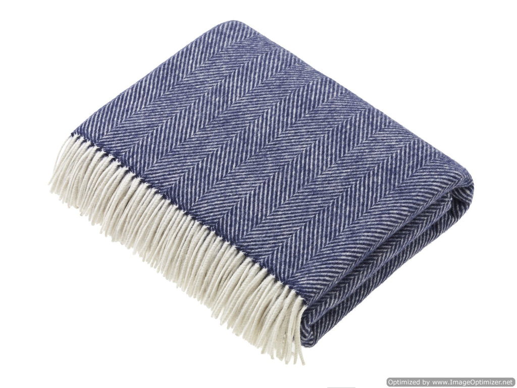 Merino Lambswool Throw Blanket - Herringbone - Navy, Made in England