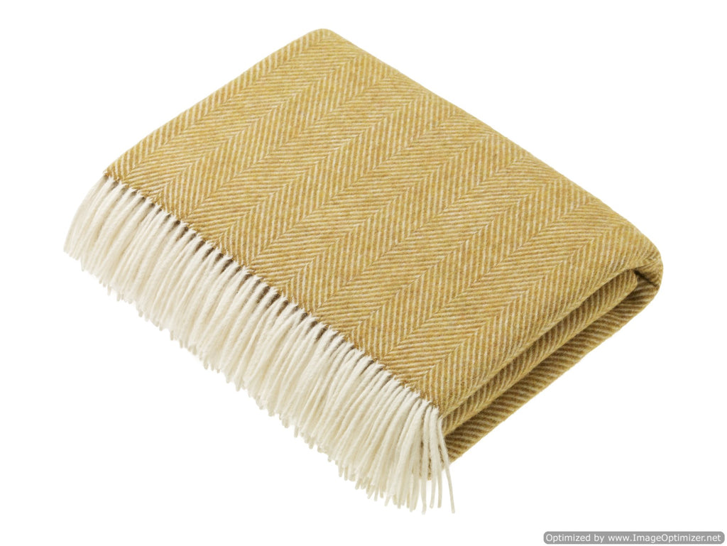 Merino Lambswool Throw Blanket - Herringbone - Gold, Made in England