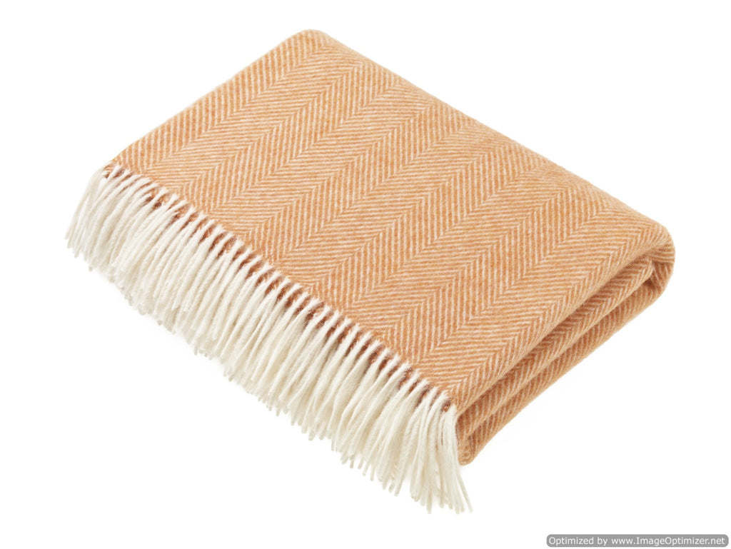 Merino Lambswool Throw Blanket - Herringbone - Saffron, Made in England