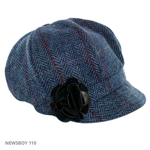 Ladies Tweed Newsboy Hat - Blue Herringbone/Red Stripe - Made in Ireland