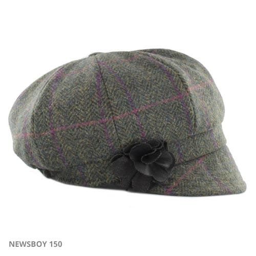 Ladies Tweed Newsboy Hat - Green Herringbone / Purple Stripe - Made in Ireland