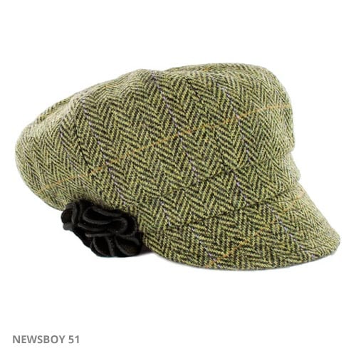 Ladies Tweed Newsboy Hat - Light Green Herringbone - Made in Ireland