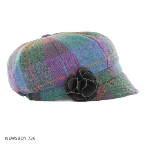 Ladies Tweed Newsboy Hat - Pink/Green/Blue Plaid - Made in Ireland